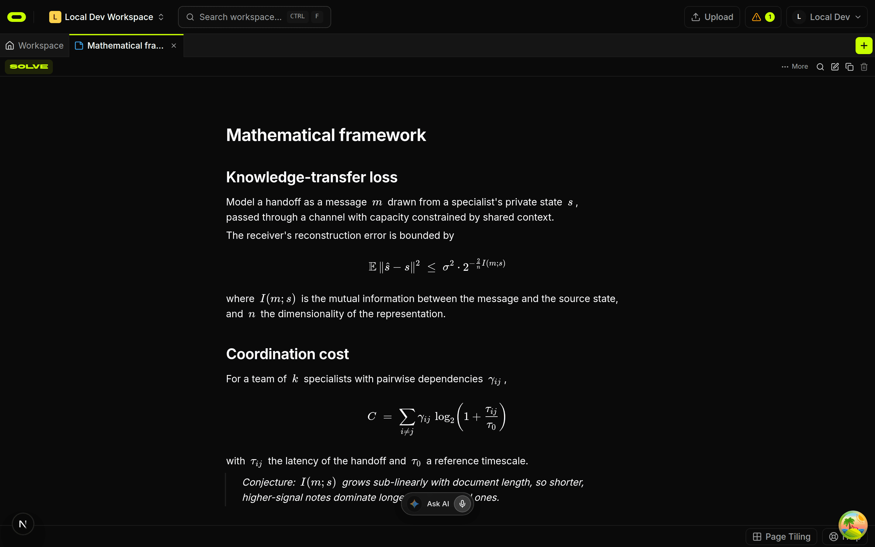 An editable mathematical note in Oyren with rendered LaTeX equations