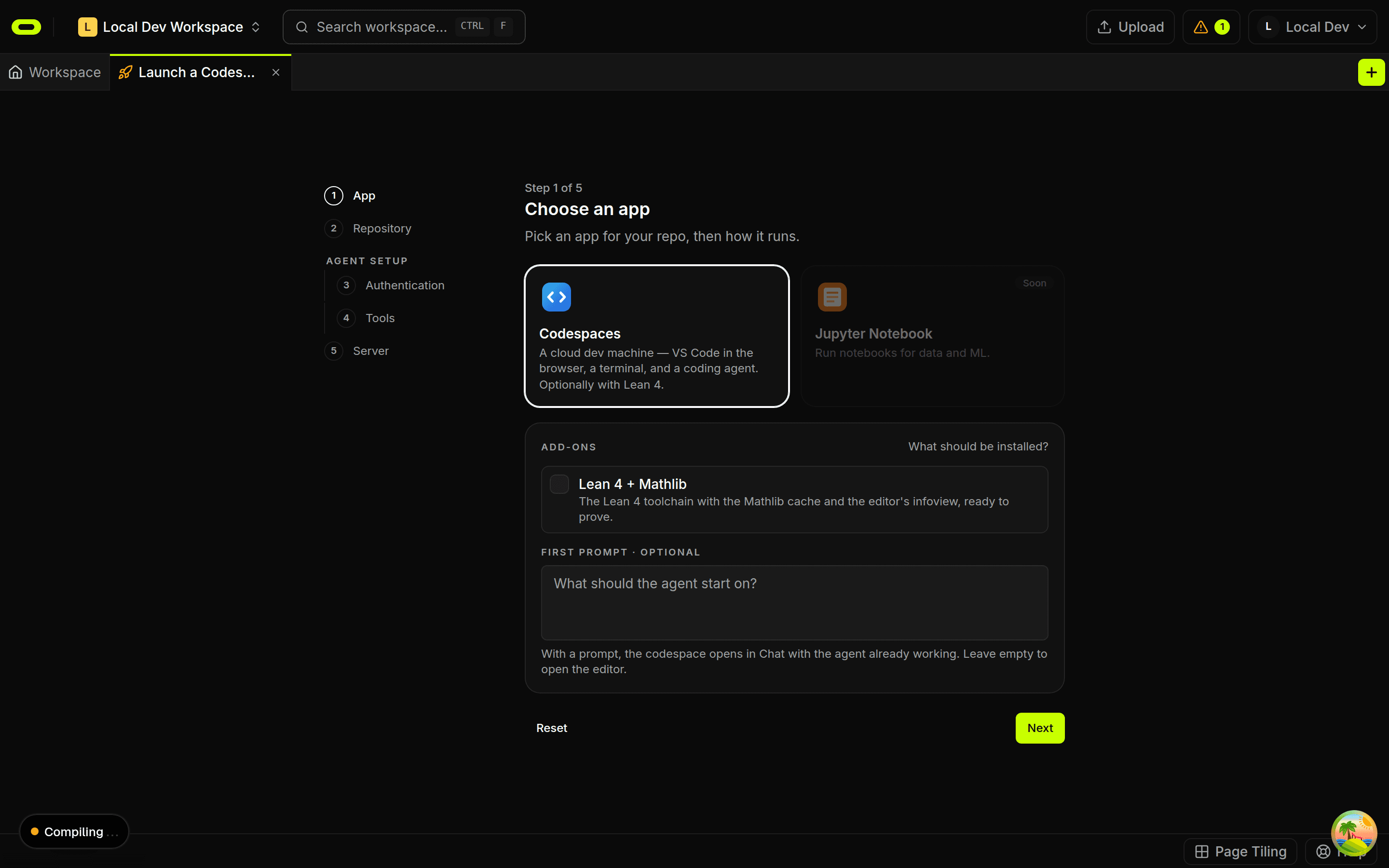 The Lean 4 and Mathlib add-on in the Oyren Codespace launch wizard