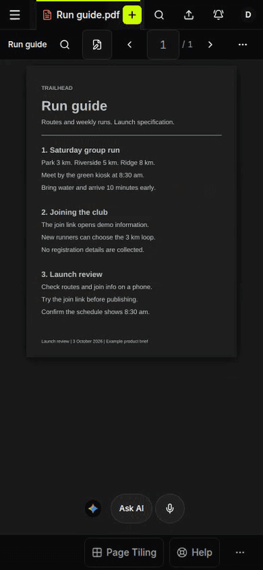 A highlighted passage in the Trailhead route notes PDF