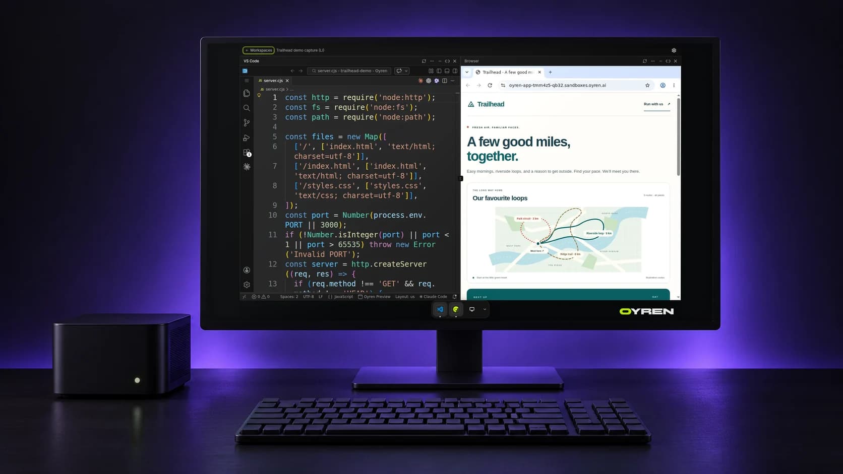 VS Code in a real Oyren Codespace, on a desktop monitor (concept photo)