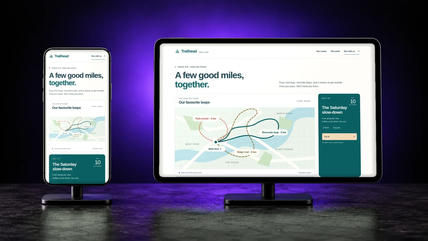 The Trailhead demo app at its public URL, on a phone and a tablet (concept photo)
