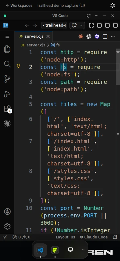 The Oyren Codespace workbench at phone width, 390 pixels, showing VS Code with a JavaScript server file open and Claude Code listed in the status bar.