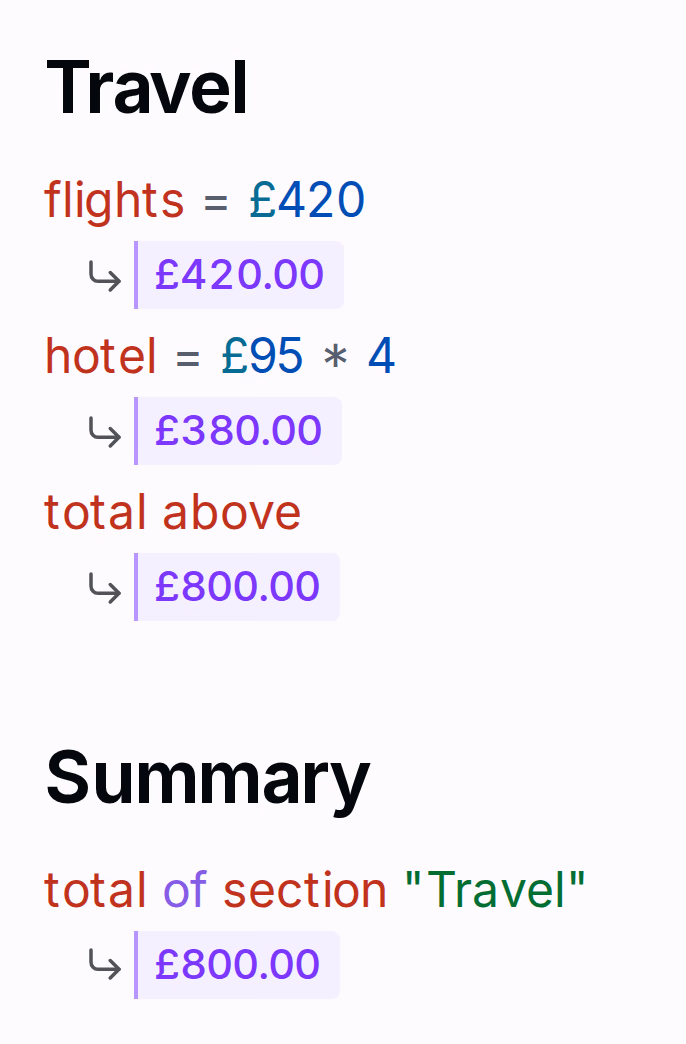 Oyren note editor showing section-scoped totals under a Travel heading and a cross-section reference under Summary