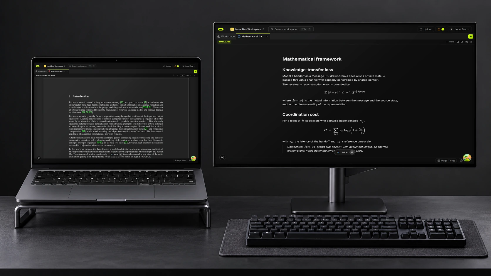 Concept mockup of a dual-screen desk displaying Oyren PDF reading, notes and maths notes captures