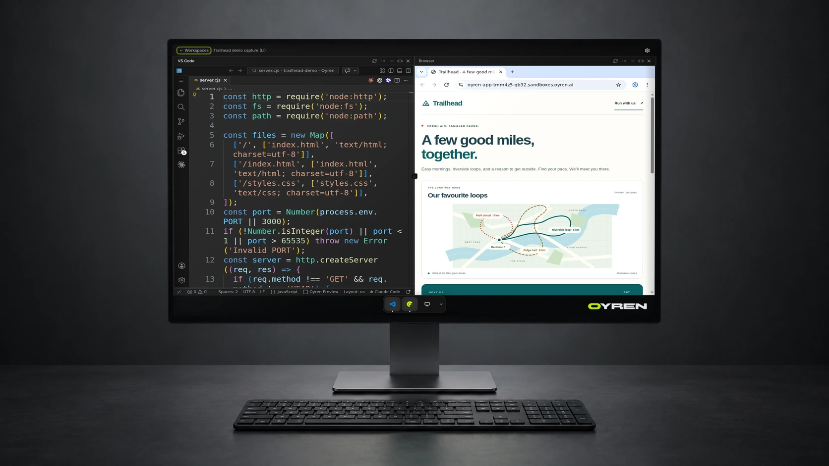 Studio mockup of a monitor displaying the existing Oyren cloud Codespace with project files, an editor and browser