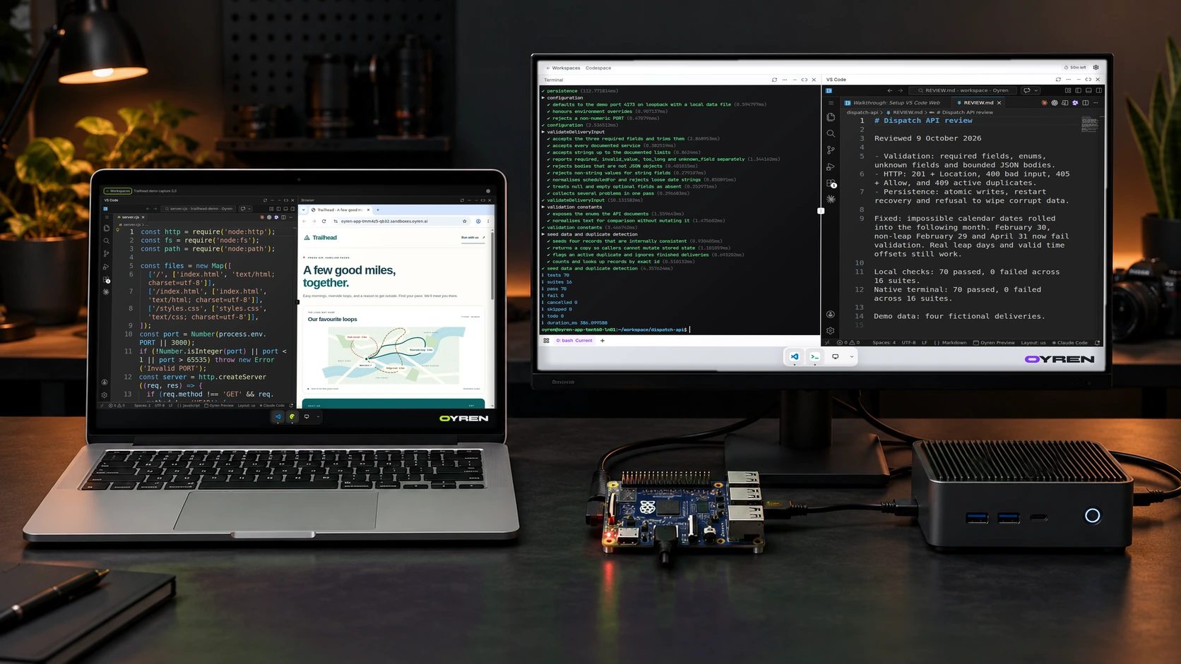 Concept mockup of an older laptop, a Raspberry Pi and a mini PC displaying current Oyren Codespace captures