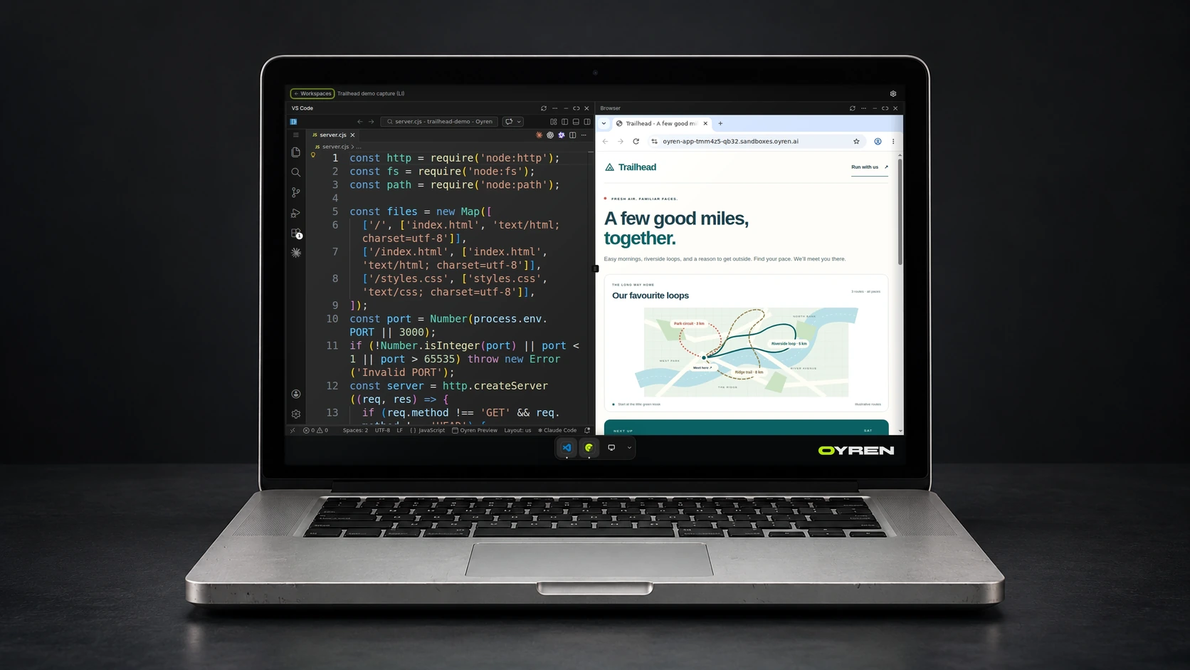 Concept mockup of an older MacBook displaying a current Oyren Codespace capture