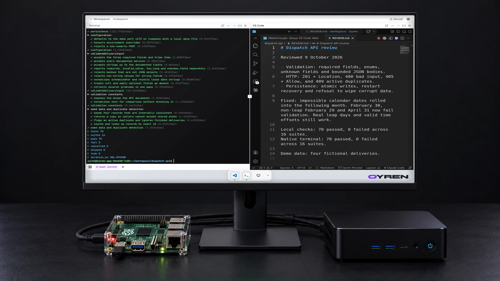 Concept mockup of a Raspberry Pi and Linux setup displaying a current Oyren Codespace capture