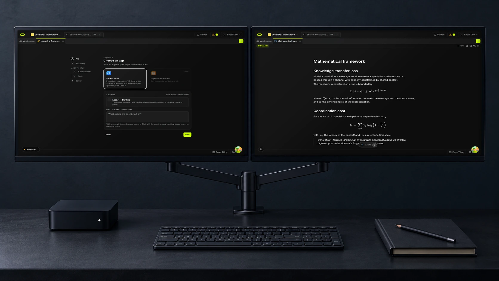 Concept mockup of two monitors on a dark desk showing the real Oyren codespace launcher with the Lean 4 + Mathlib add-on and a LaTeX maths note