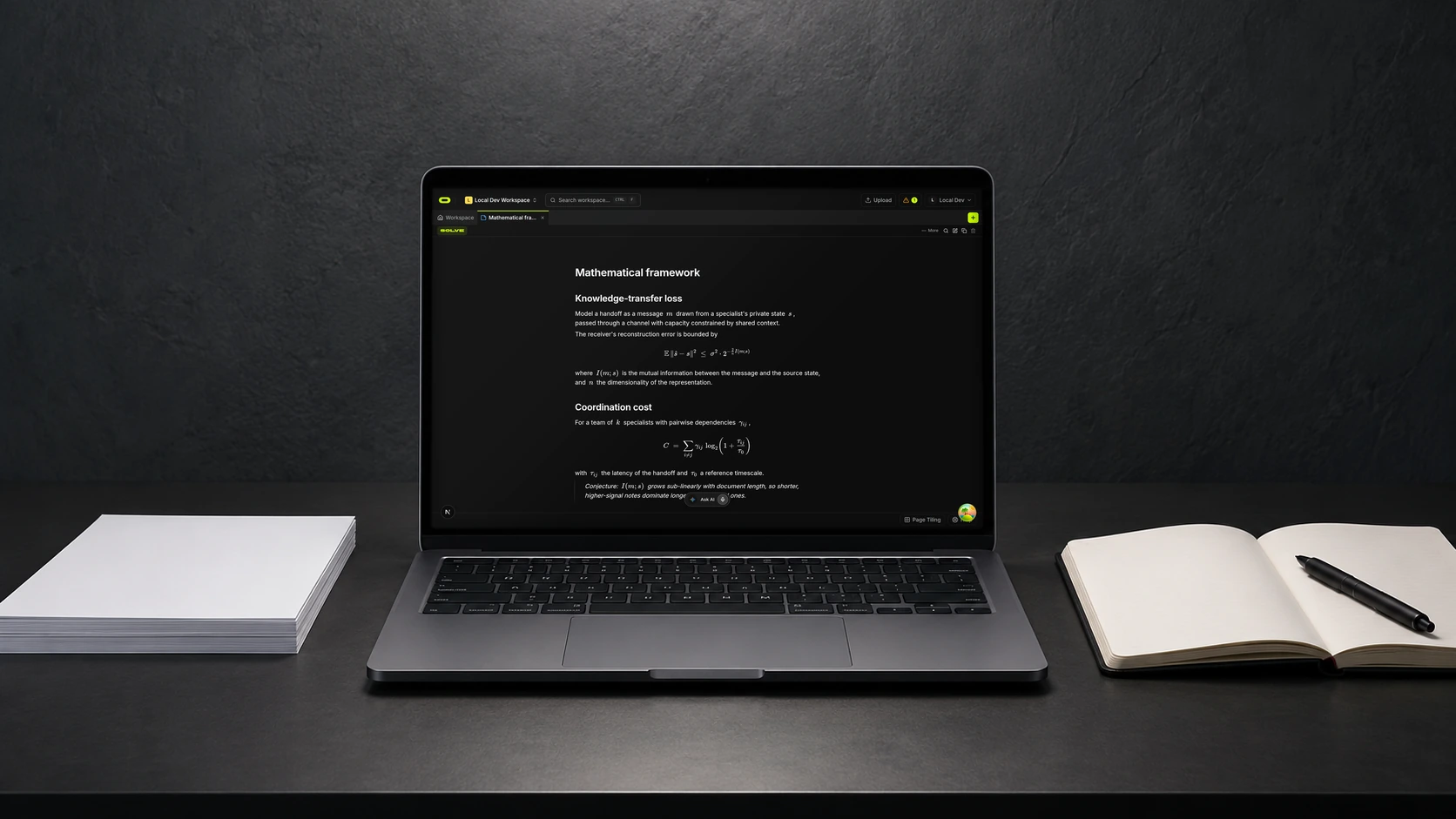Concept mockup of a laptop on a dark desk between a paper stack and an open notebook with a pen, showing a real Oyren note with LaTeX equations