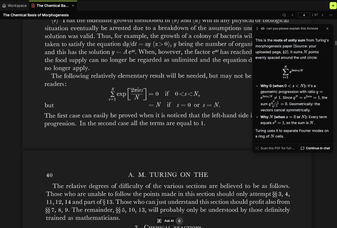 The Oyren PDF reader open on Turing's morphogenesis paper. A popup answers a question about the formula on the page: it explains the roots of unity sum and names the uploaded page and section it came from