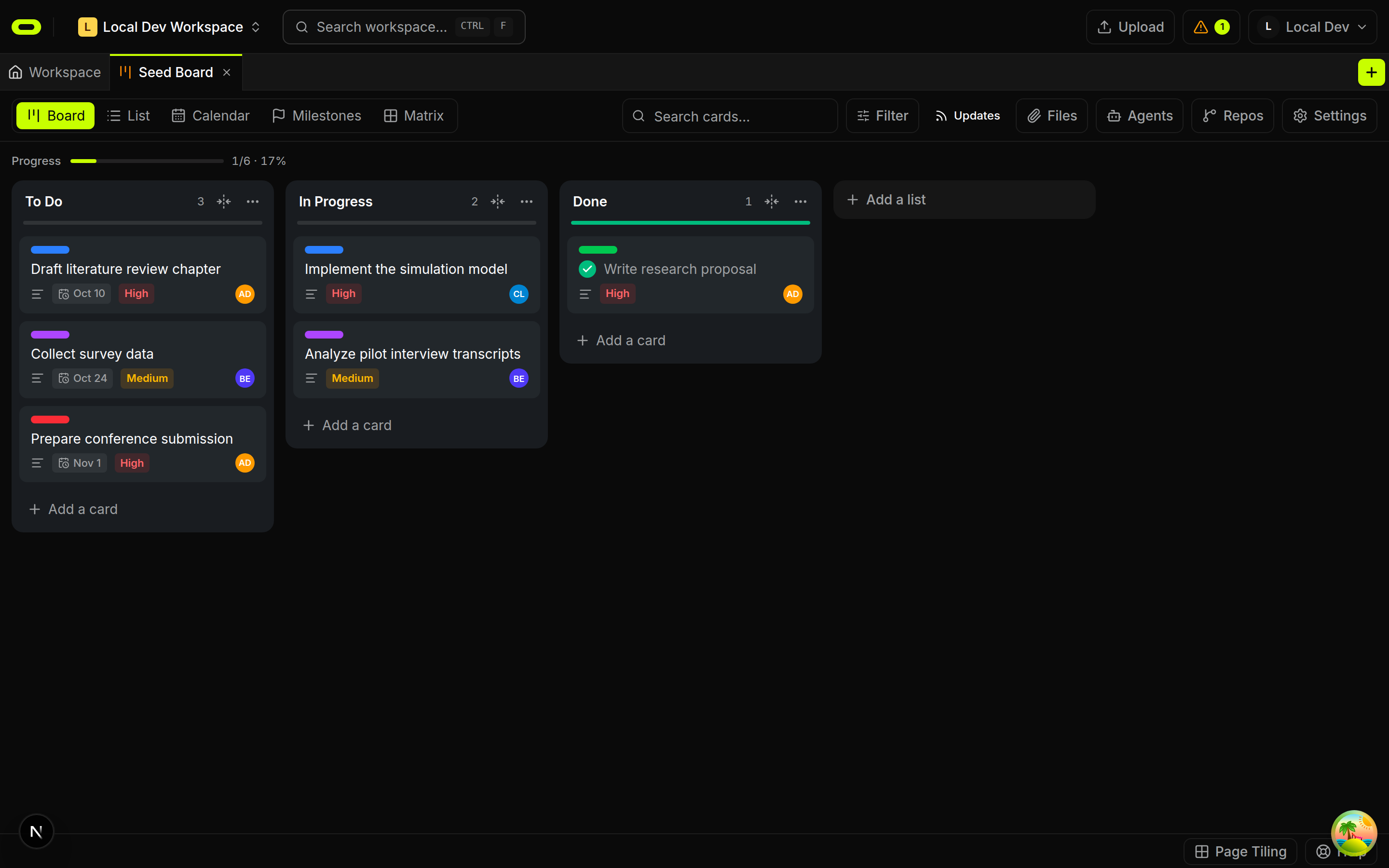 Seed Board with six research tasks across three columns in dark mode