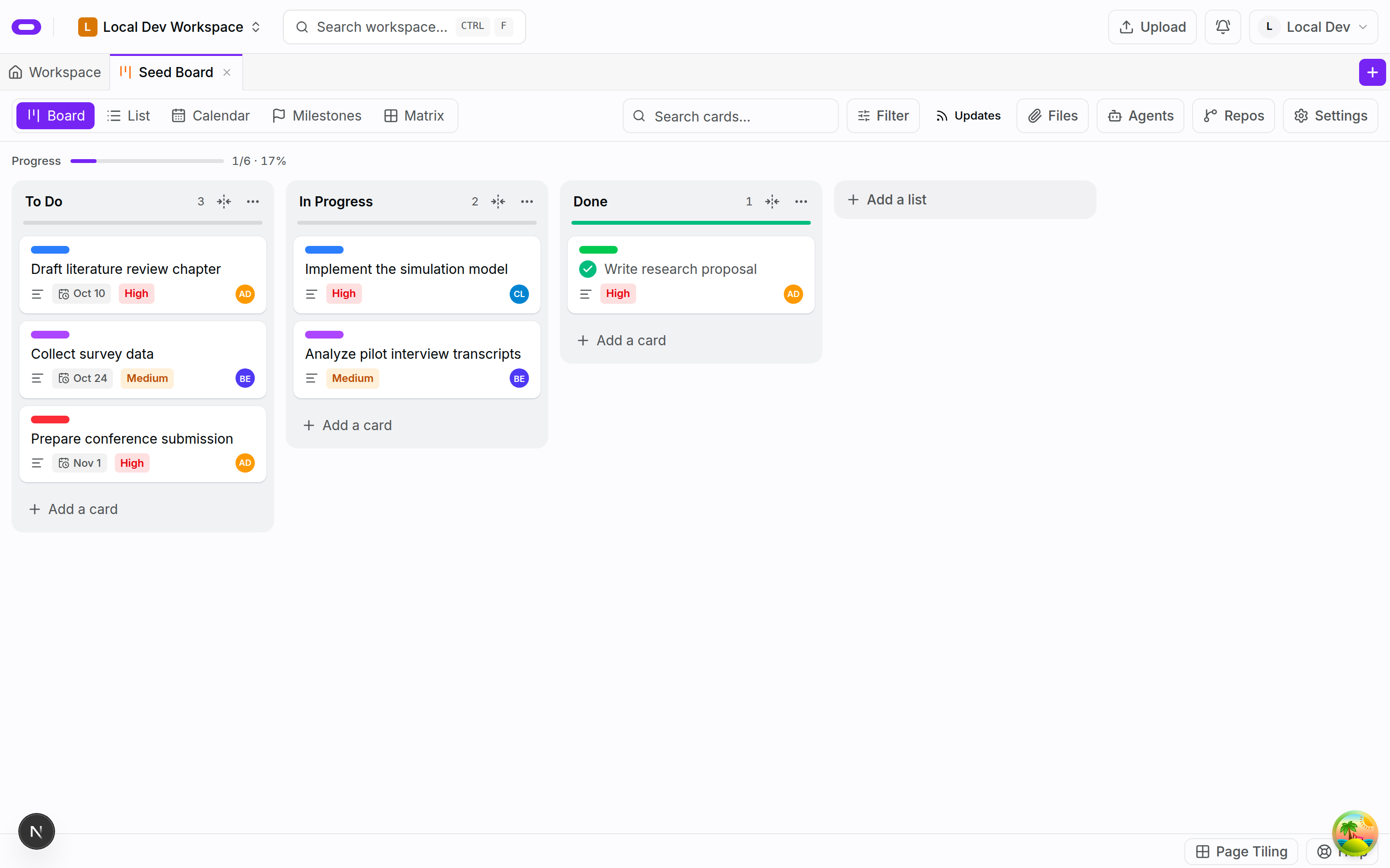 Seed Board with six research tasks across three columns in light mode