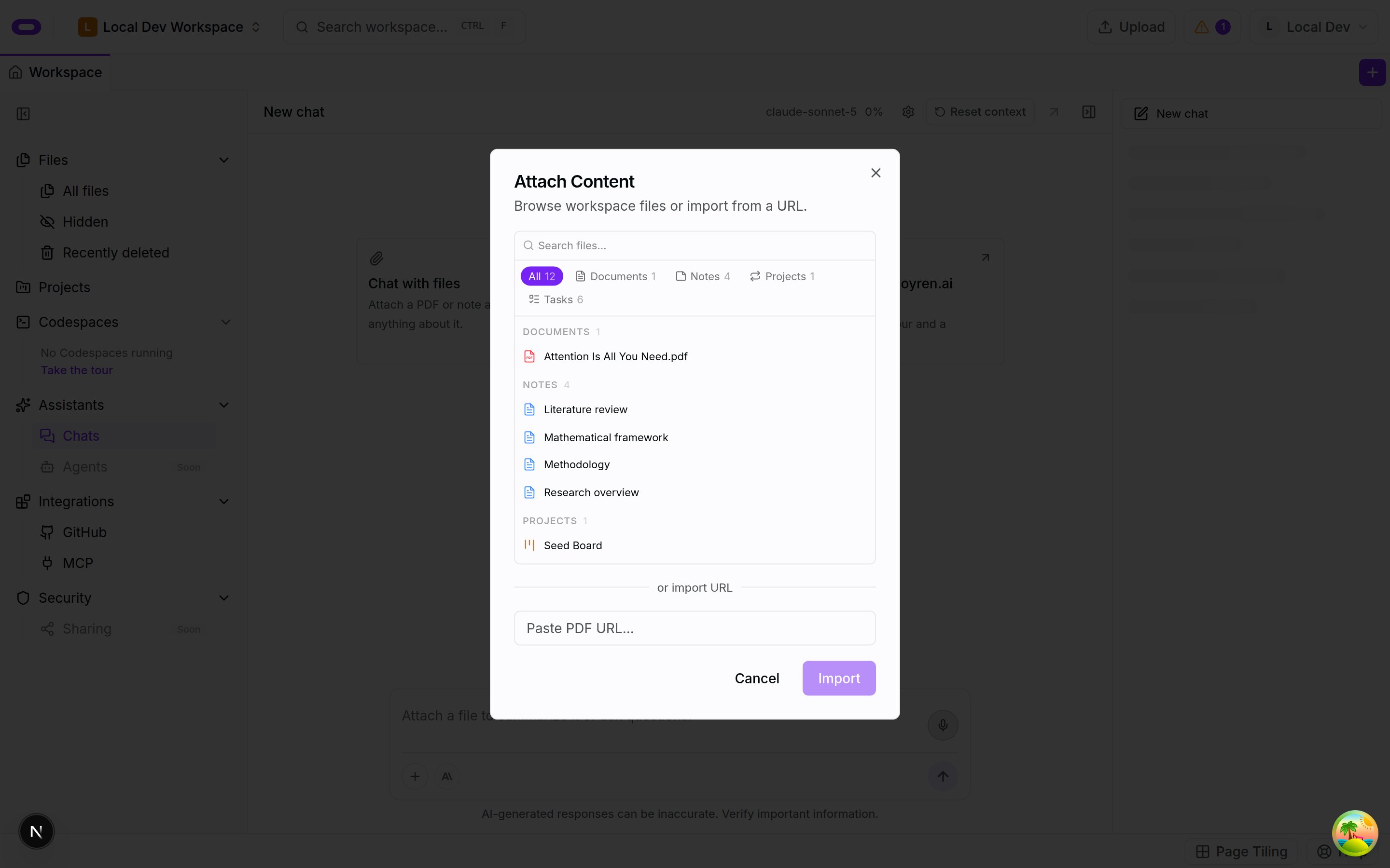 Attach Content modal in AI chat showing categorized workspace file picker in light mode