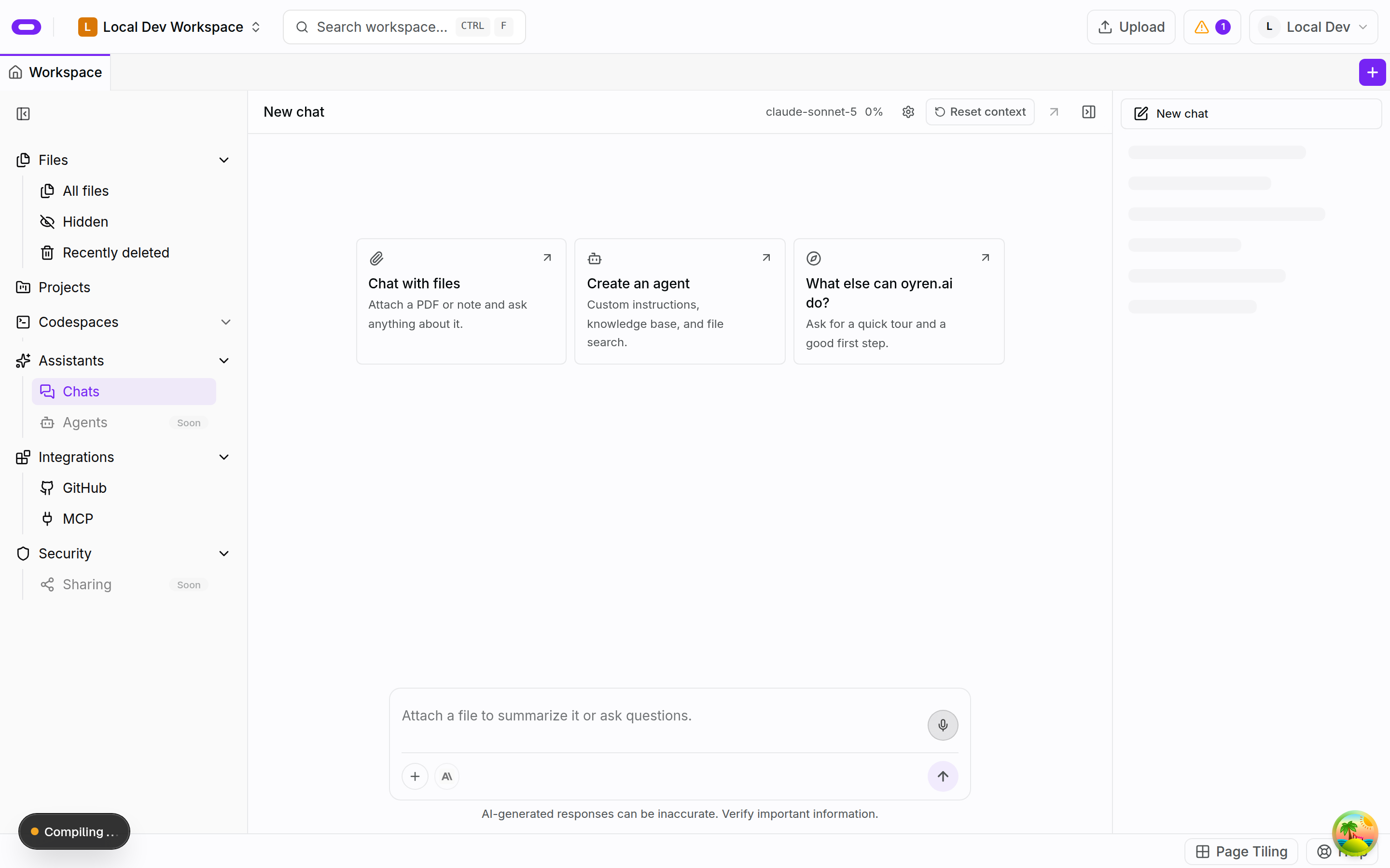 Workspace AI chat interface with model indicator and prompt box in light mode