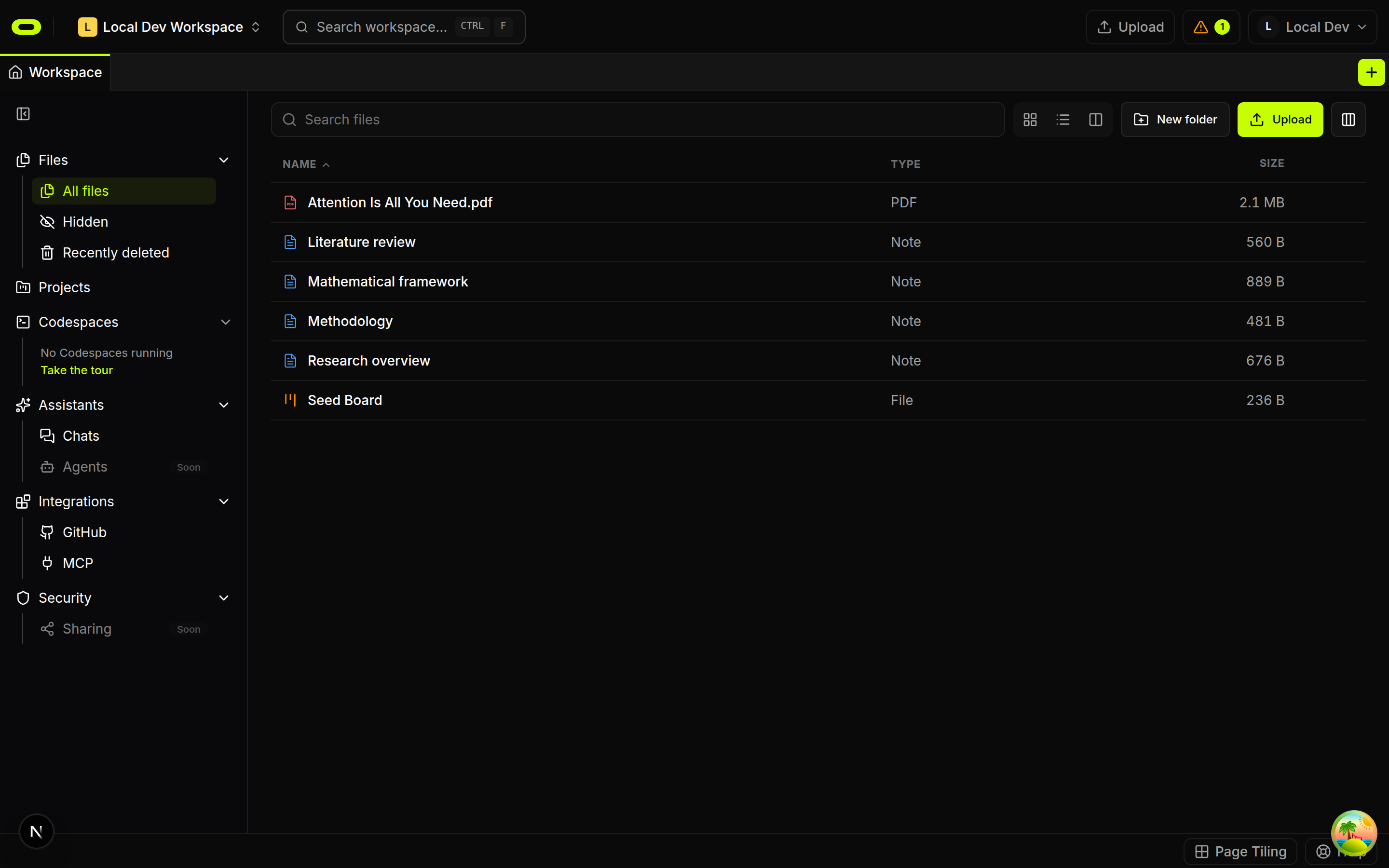 Local Dev Workspace file list containing a PDF, research notes and a board in dark mode