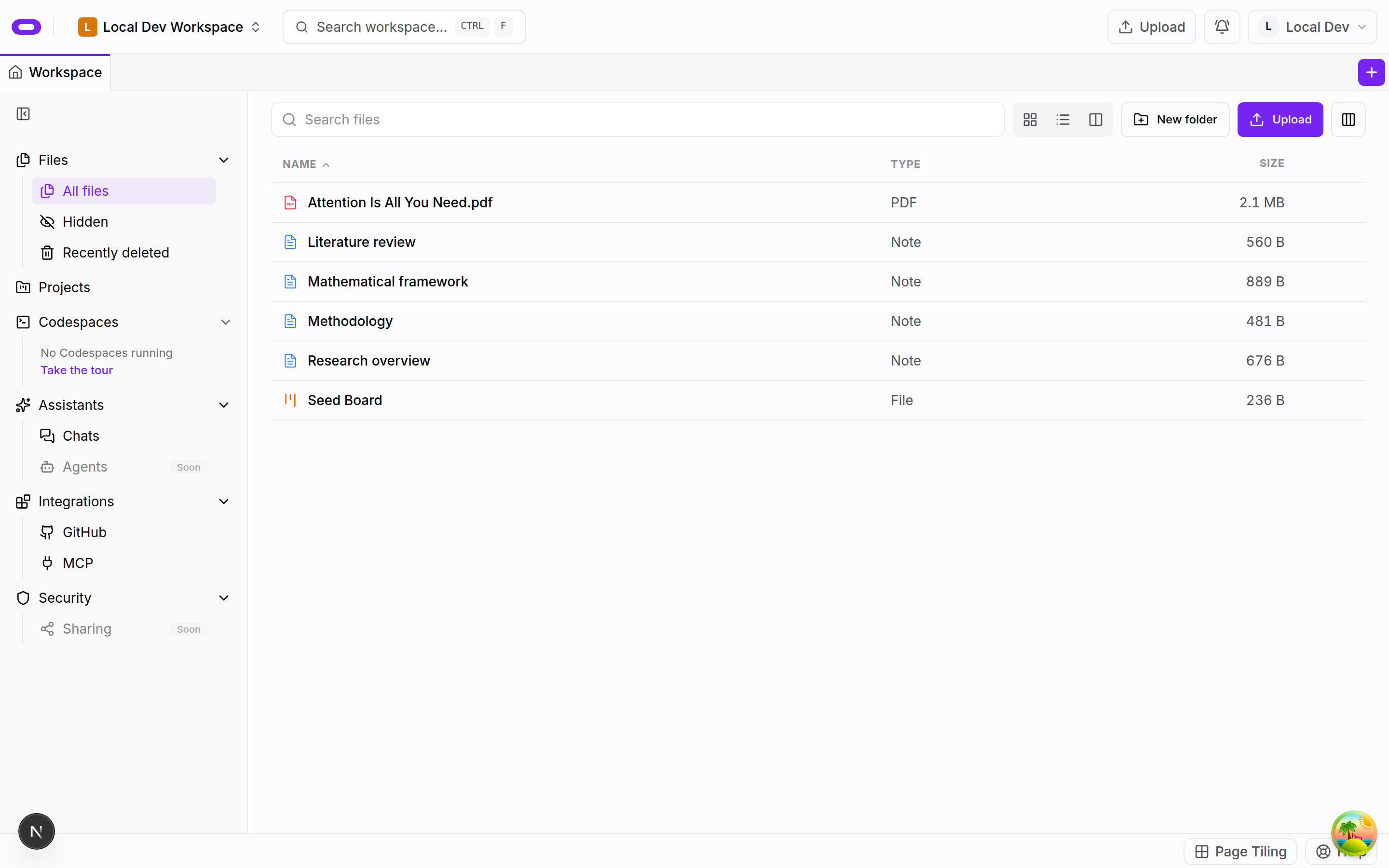 Local Dev Workspace file list containing a PDF, research notes and a board in light mode
