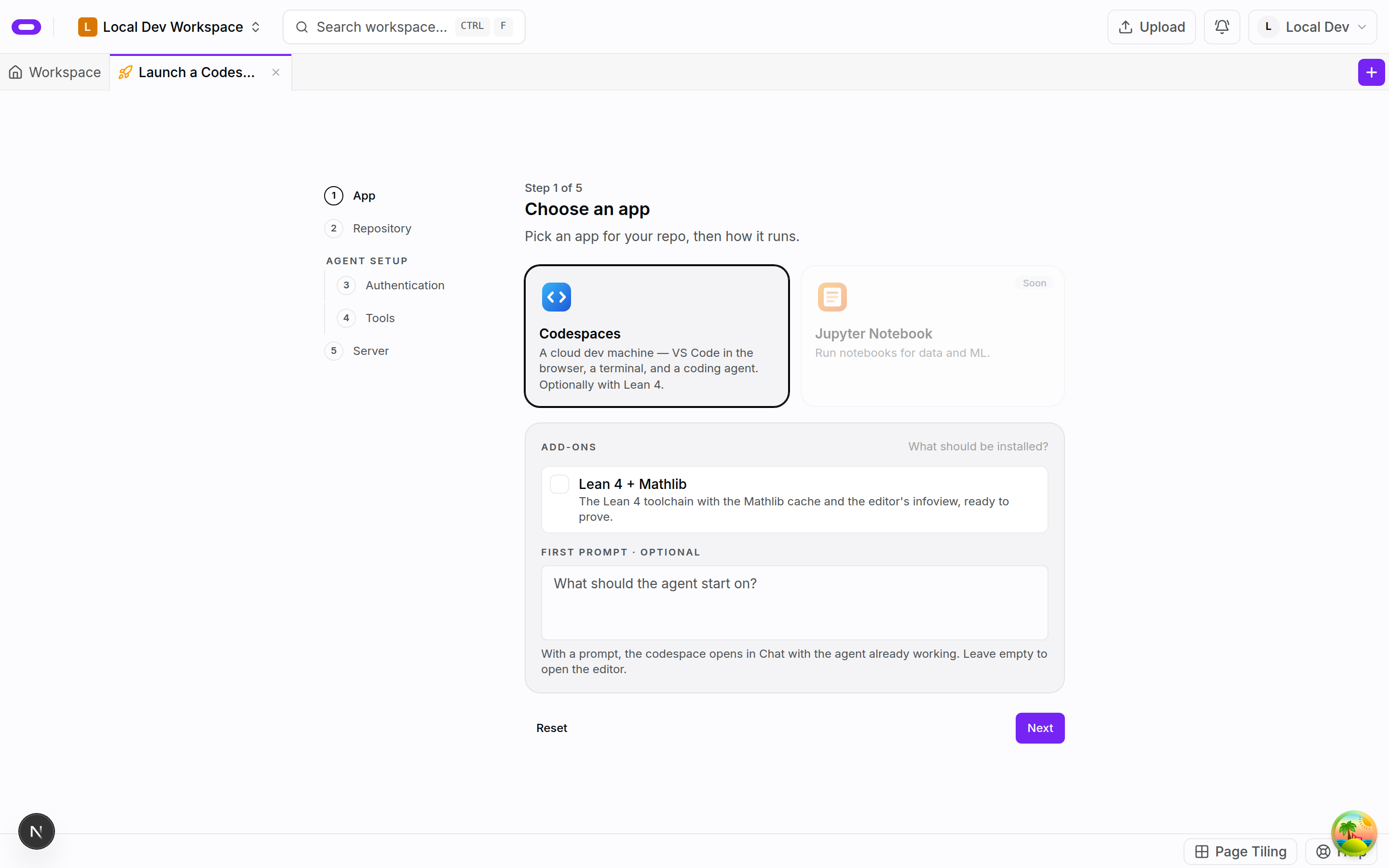 Codespace launch wizard in light mode showing app selection, add-ons and agent prompt
