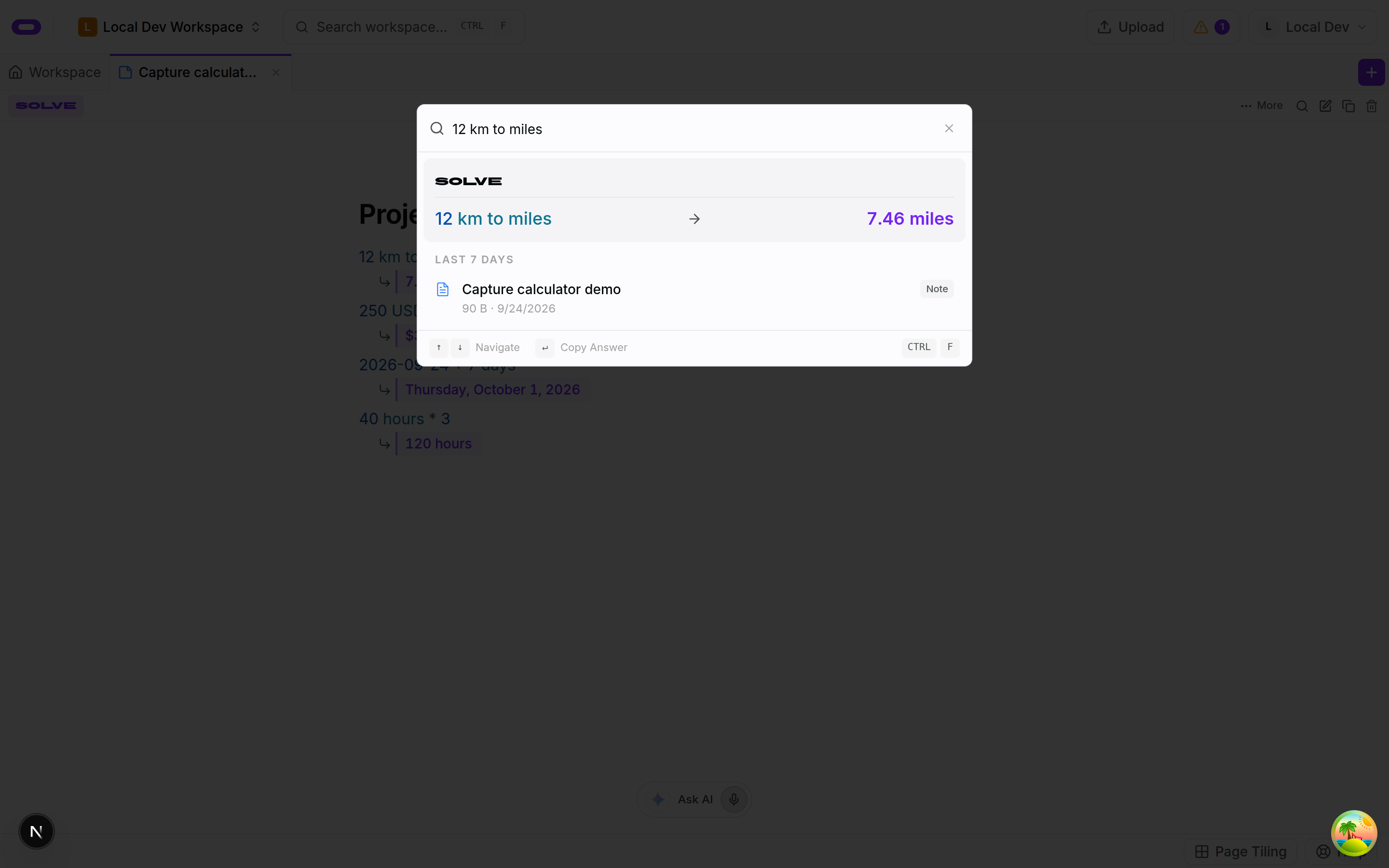 Workspace search calculator converting 12 kilometres to miles