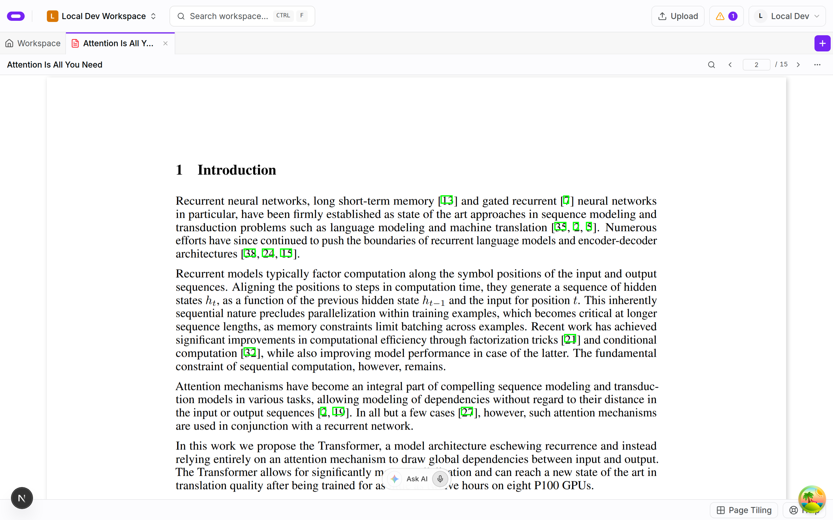 Page 2 of Attention Is All You Need open in the Oyren PDF viewer