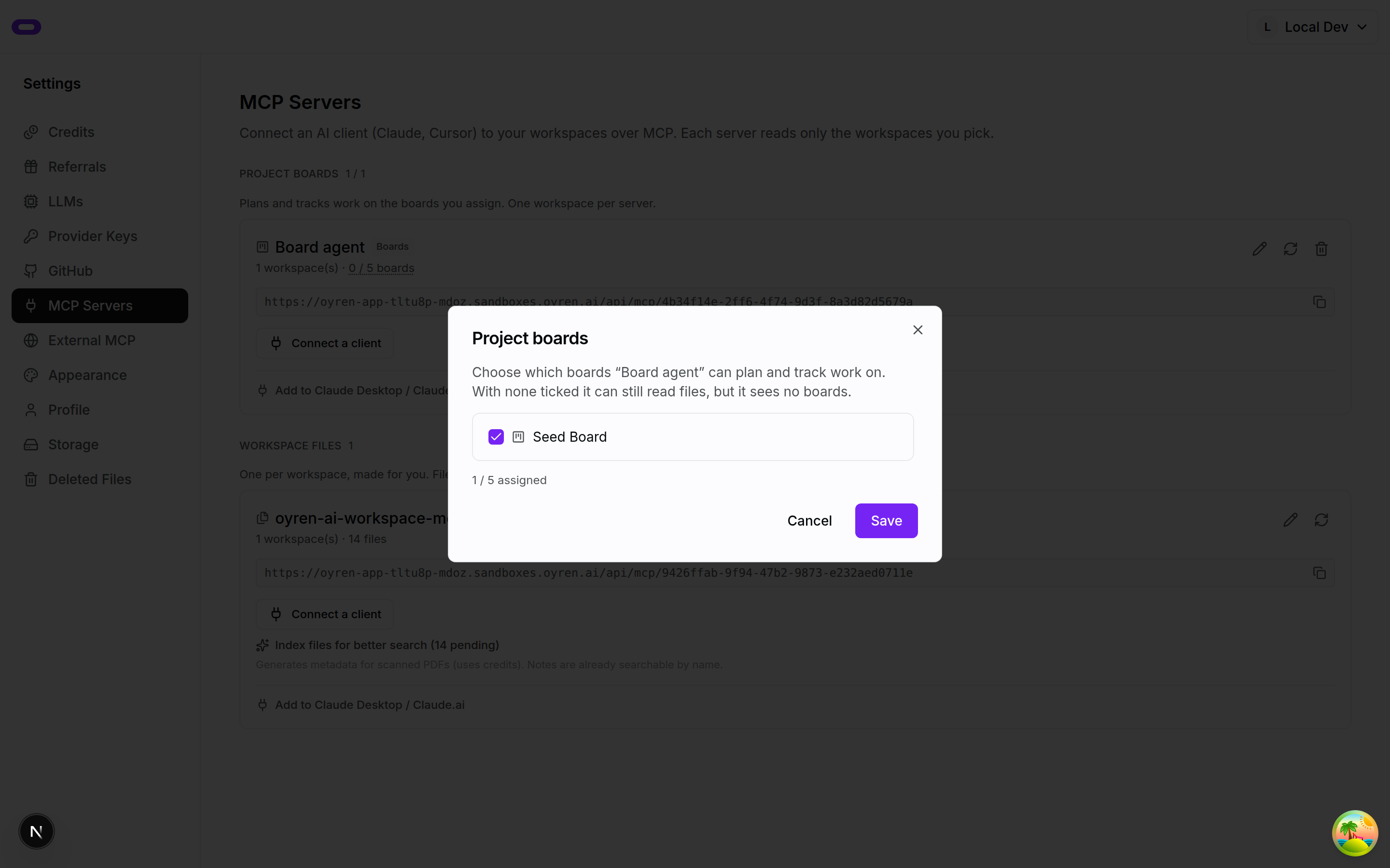 Project boards dialog assigning Seed Board to the Board agent server