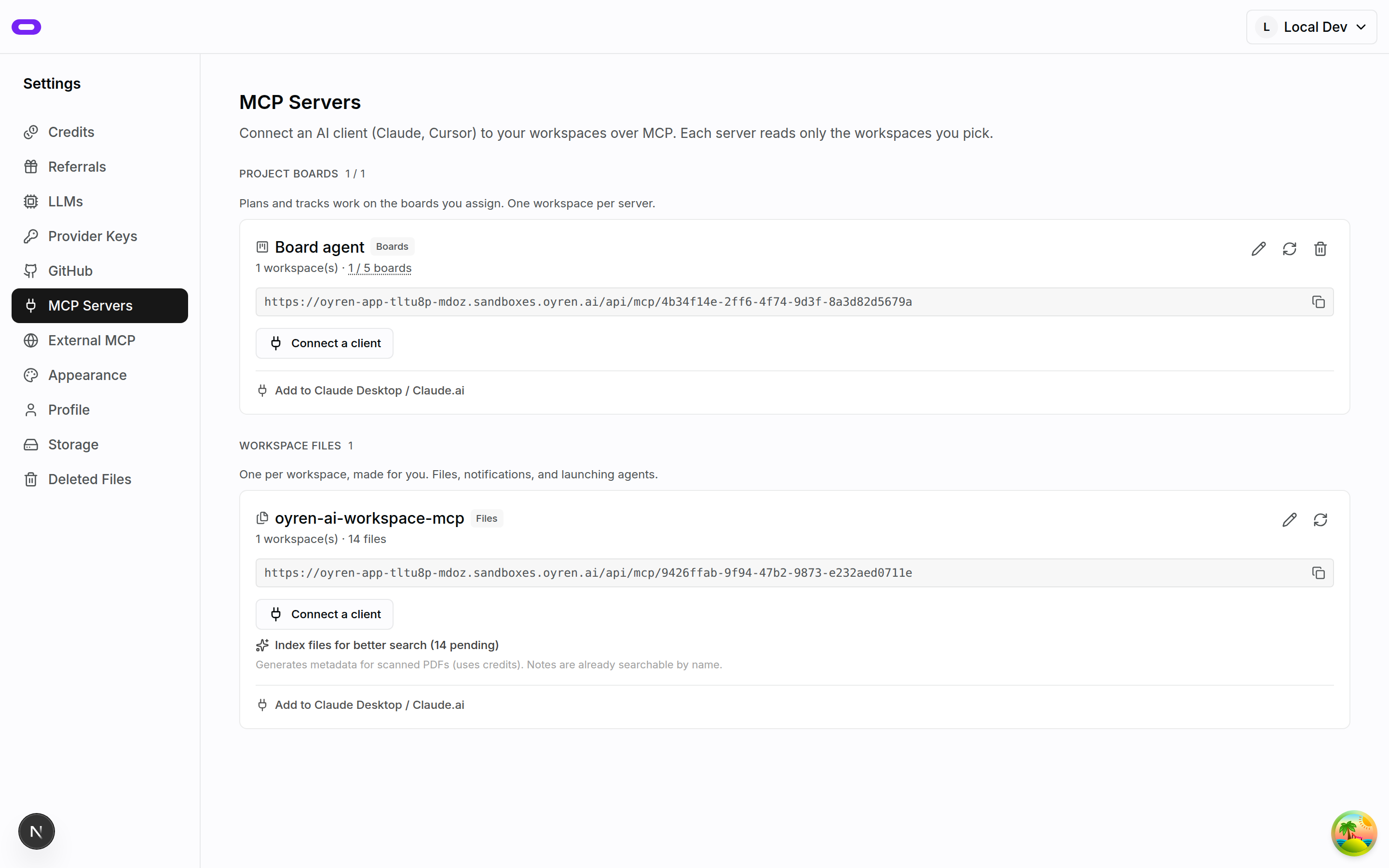 MCP Servers settings listing a Project boards server and a Workspace files server